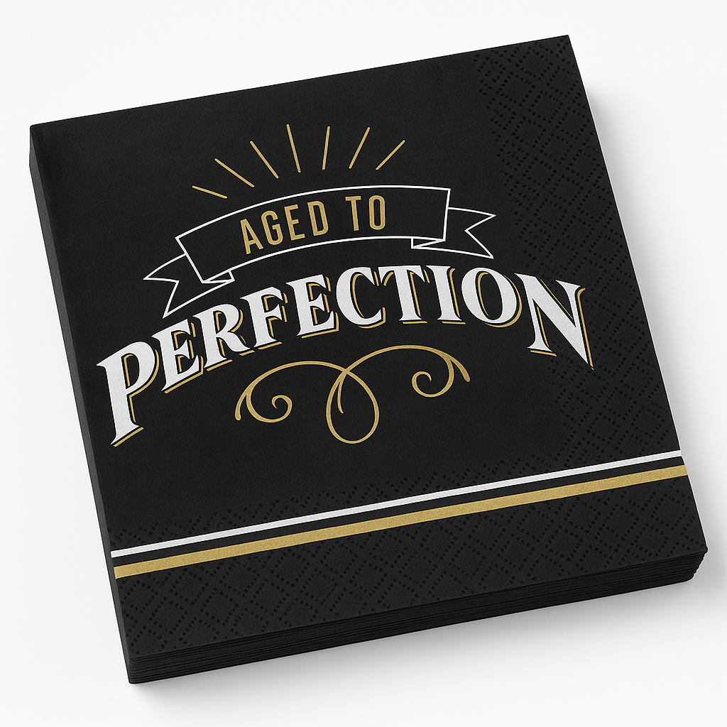 "Aged to Perfection" Birthday Lunch Napkins - 6.5 In. x 6.5 In. - Black & Gold, 16-Pack