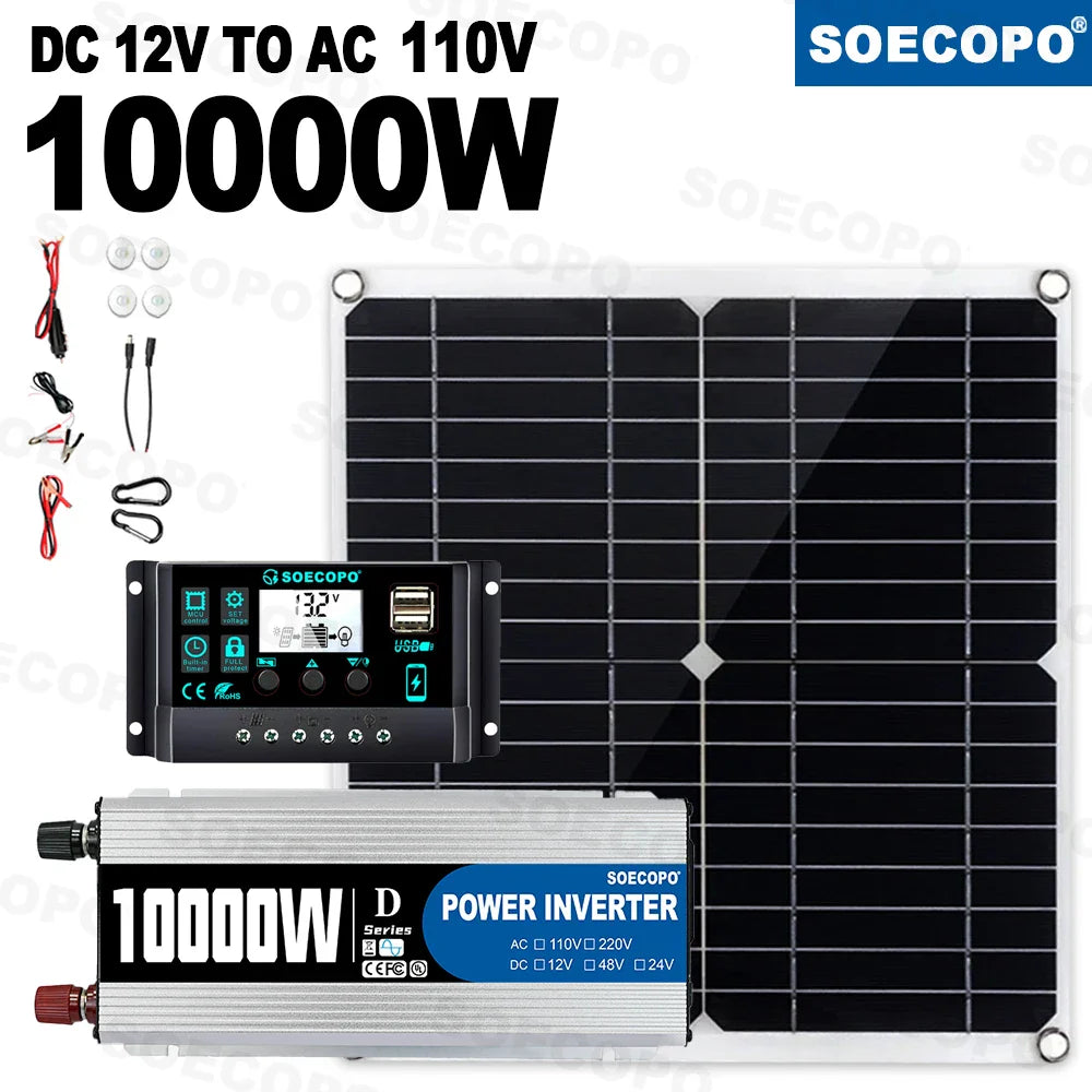 10000W Solar Power Complete Kit 12V To 220V Inverter100A Controller 300W Panel System for Home/RV/Camping Full House Generator