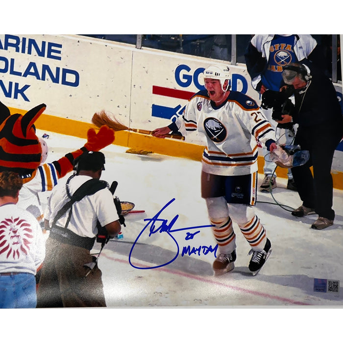 Brad May Signed Buffalo Sabres Holding a Broom with Mayday 11x14 Photo Signed Photos TSE Buffalo