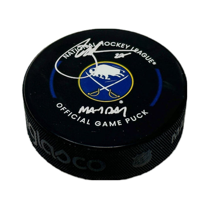 Brad May Signed Buffalo Sabres Official Game Model Puck with "May Day" Signed Hockey Puck TSE Buffalo