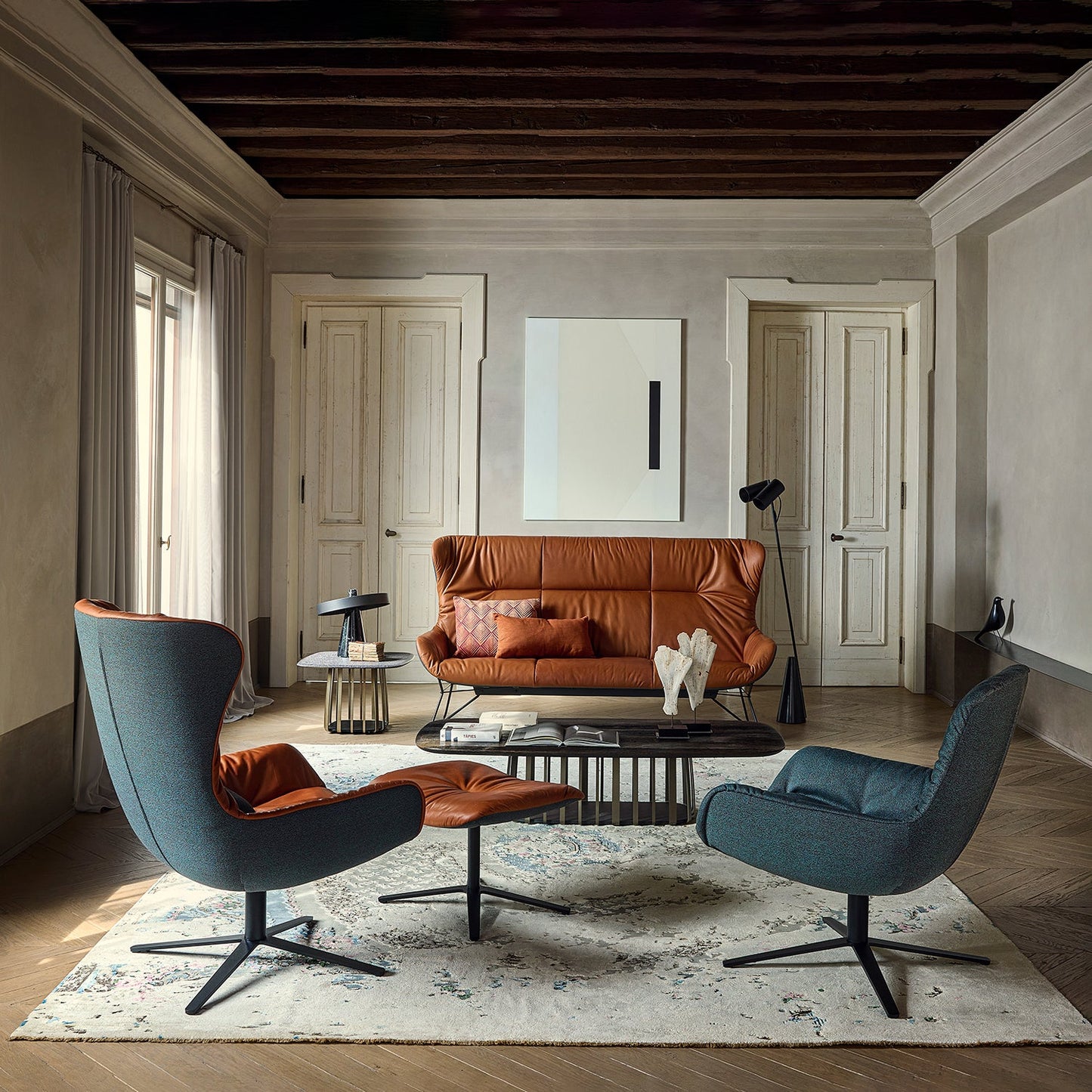 freifrau | leya lounge chair | x-base frame | sahara stone leather