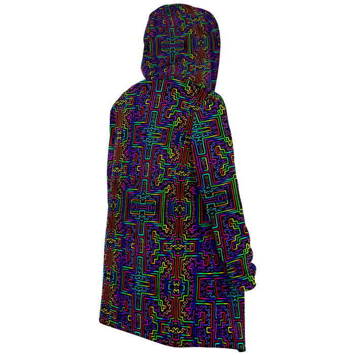 Prismatic Overlay Micro Fleece Cloak, Hooded Wearable Art, Psychedelic Festival Layer — inside — microfiber fleece lining
