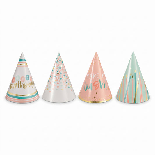 "Happy Cake Day" Mini Cone Birthday Party Hats - Metallic Pastel, 12-Pack