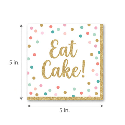 "Eat Cake!" Birthday Beverage Napkins - Gold & Pastel Confetti, 36-Pack - 5 In. X 5 In.