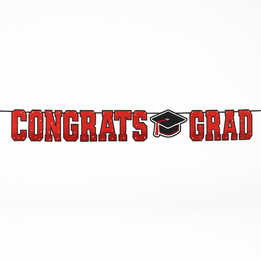 "Congrats Grad" Red Letter Banner with Graduation Cap, 12-ft