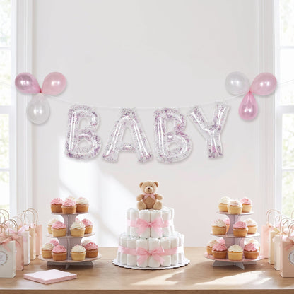 "Baby" Pink Confetti Foil Balloon Banner Kit