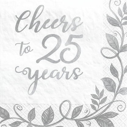 "Cheers to 25 Years" Silver Anniversary Beverage Napkins - 16 Pack - 5 In. X 5 In.