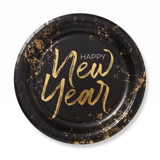 "Cheers For The New Year" 10-Inch Round Paper Plates - Black/Gold, 20-Pack
