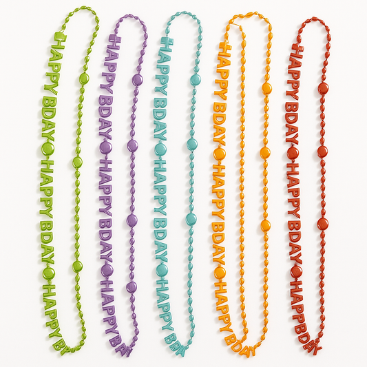 "Happy Birthday" Metallic Beaded Necklaces, 10-Pack, Multicolor Celebration Accessories