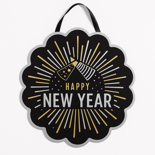 "Happy New Year" Hanging Cardboard Sign - Black, Silver & Gold