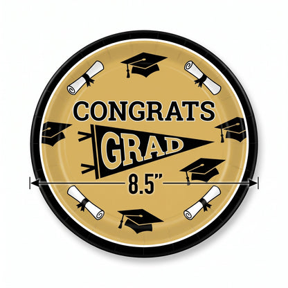 "Congrats Grad" Gold Round Paper Plates, 8.5-Inch, 20-Pack