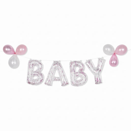 "Baby" Pink Confetti Foil Balloon Banner Kit