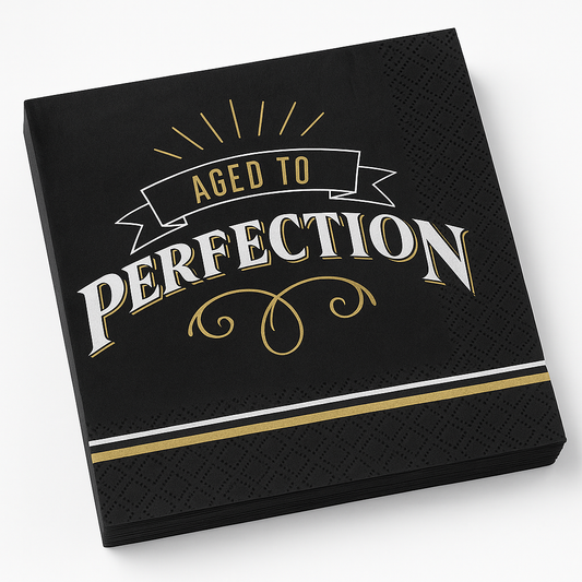 "Aged to Perfection" Birthday Lunch Napkins - 6.5 In. x 6.5 In. - Black & Gold, 16-Pack