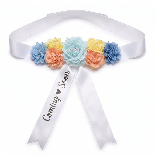 "Coming Soon" Pastel Floral Baby Shower Bump Sash