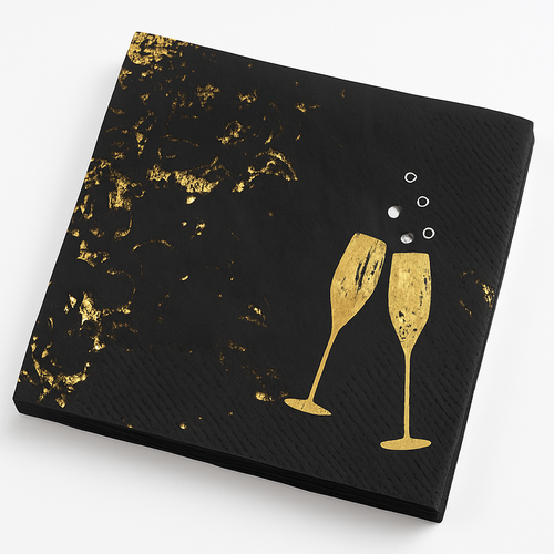 "Cheers For The New Year" Black and Gold Beverage Napkins, 40 Pack - 5 In. X 5 In.