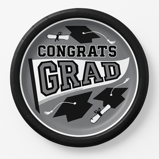 "Congrats Grad" Silver Graduation Party Plates, 8.5-Inch, 20-Pack