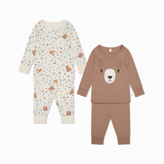 Bear Print & Ribbed Pyjamas 2 Pack