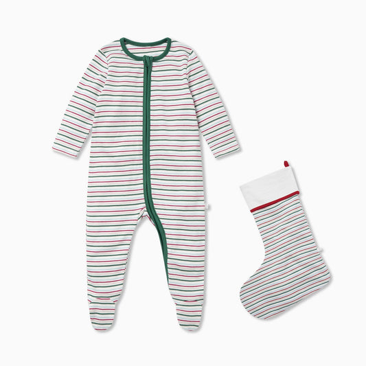 Festive Stripe Zip-Up Sleepsuit & Stocking Set