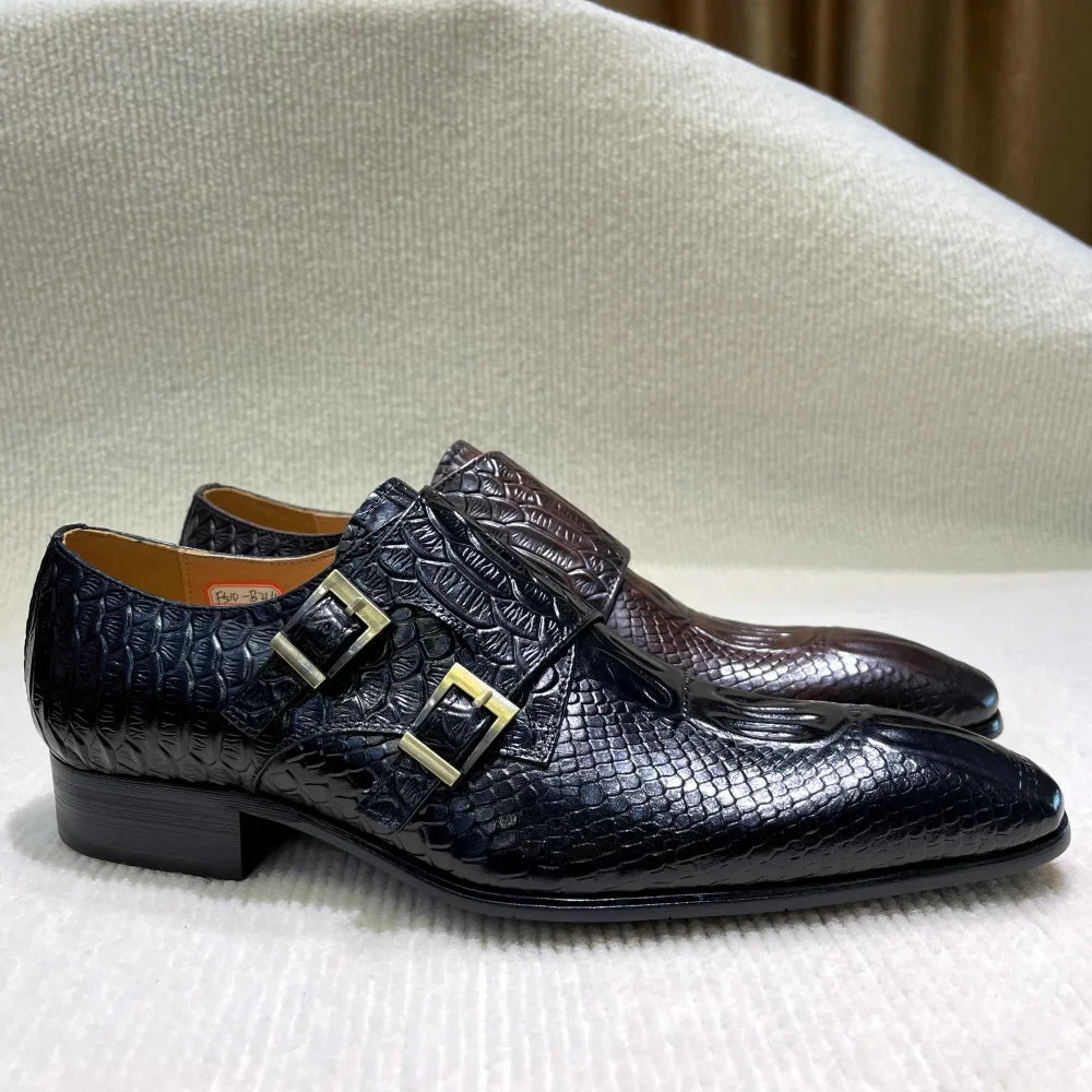 2025 New Style New Design Men's Genuine Leather Monk Shoes Double Buckle Printing Suitable for Business Office Formal Shoes