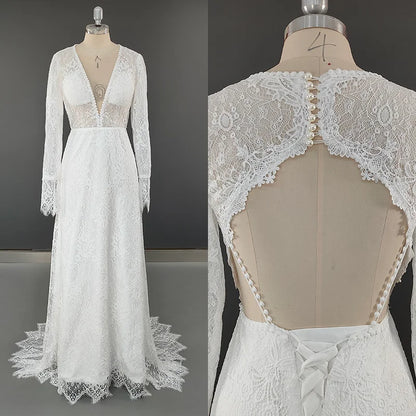 8756 # Real Photos Custom Sweep Train Appliques Lace V-neck Wedding Dress Bridal Gown Engagement Party Evening Dresses