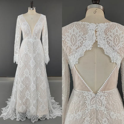 8756 # Real Photos Custom Sweep Train Appliques Lace V-neck Wedding Dress Bridal Gown Engagement Party Evening Dresses
