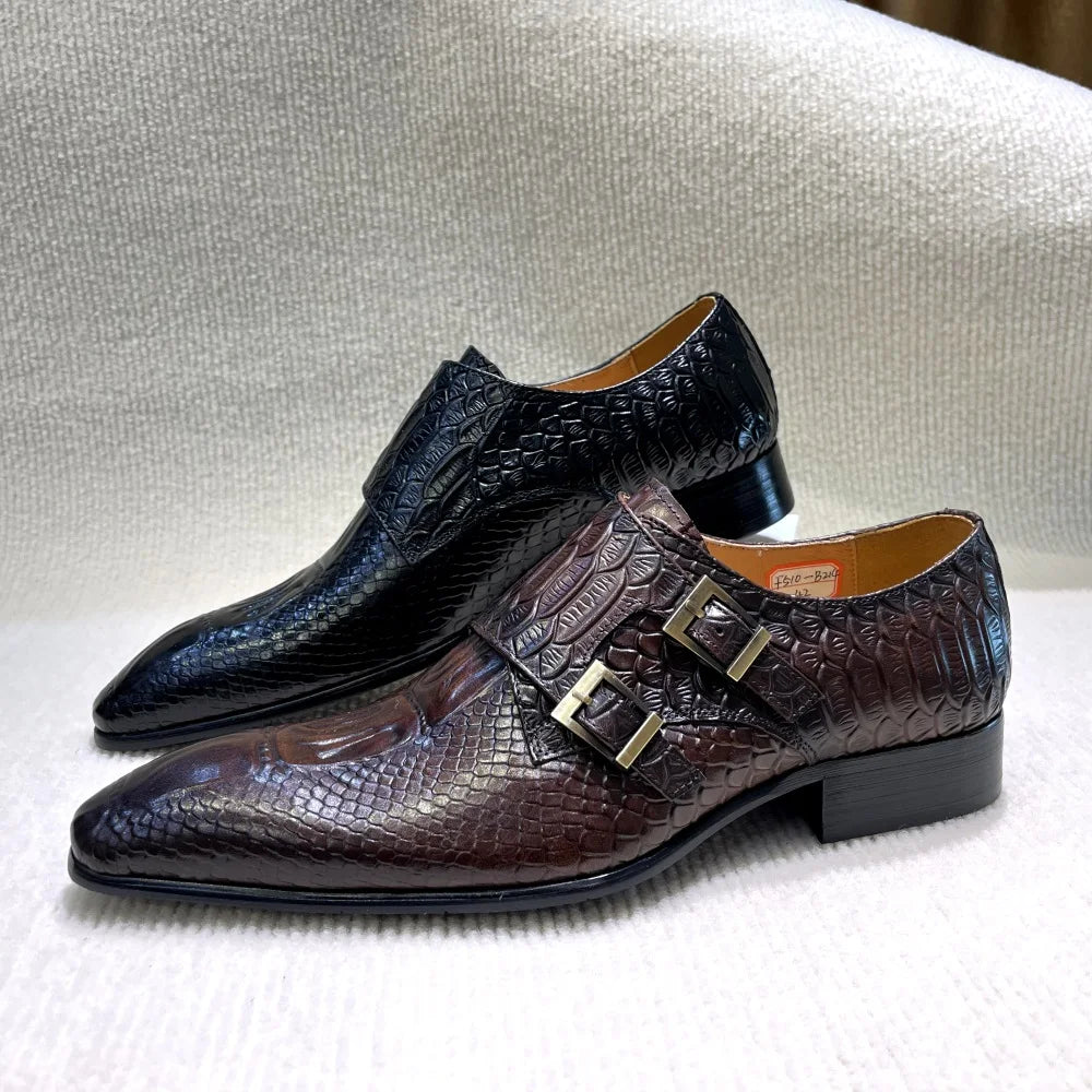 2025 New Style New Design Men's Genuine Leather Monk Shoes Double Buckle Printing Suitable for Business Office Formal Shoes