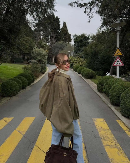 2026 Spring New Style French Retro Zippered Collar Loose-Fitting Leather Velvet Loose-Fitting Short Coat Women Jacket for Women