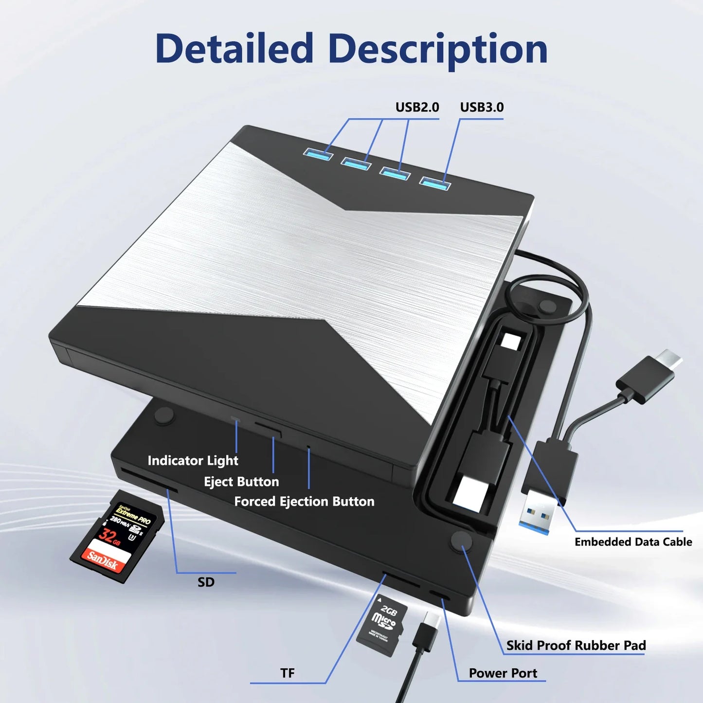 4K External Blu-ray Burner with USB 3.0 & Type-C Interface Portable DVD/CD/BD Player for Desktop/Laptop