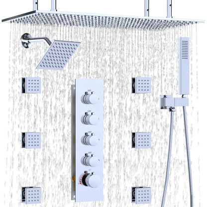 Chrome Brass Modern Style Apartment Bathroom Shower System 6-Piece Handheld Body Jets Dual Shower Heads Soft Rain Spray Massage