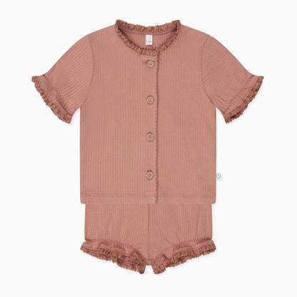 Frilled Ribbed Cardigan & Shorts Outfit - Rose