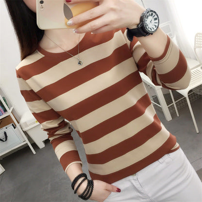 Autumn chubby girl Plus Size Large Size Loose Cotton Long-sleeved T-shirt Women's Middle-aged Mother Base Shirt Striped Top