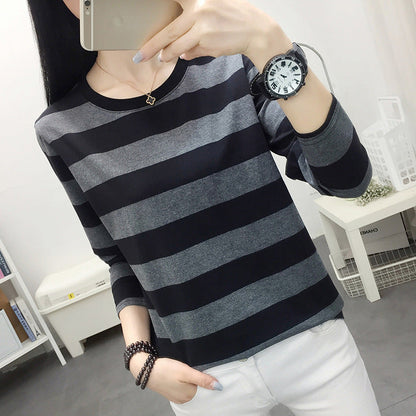 Autumn chubby girl Plus Size Large Size Loose Cotton Long-sleeved T-shirt Women's Middle-aged Mother Base Shirt Striped Top