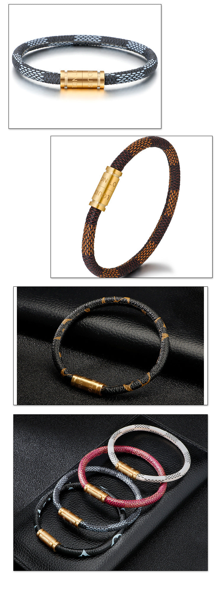 Cross-Border E-Commerce European and American Titanium Steel Lettering Old Pattern Cowhide Rope Bracelet Stainless Steel Magnetic Buckle Male and Female Couple Bracelet