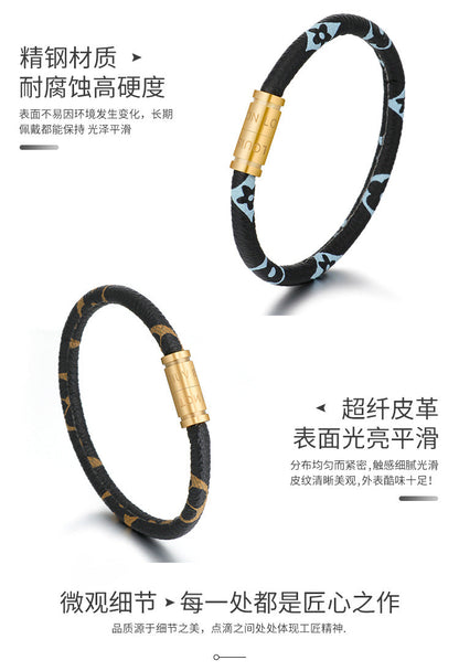 Cross-Border E-Commerce European and American Titanium Steel Lettering Old Pattern Cowhide Rope Bracelet Stainless Steel Magnetic Buckle Male and Female Couple Bracelet