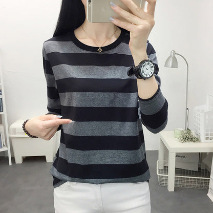 Autumn chubby girl Plus Size Large Size Loose Cotton Long-sleeved T-shirt Women's Middle-aged Mother Base Shirt Striped Top