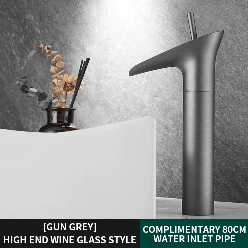 Bathroom Basin Faucet Sink Mixer Gun Grey Color Hot Cold Water Mixer Deak Mounted Waterfall Style Copper Sink Taps FR651