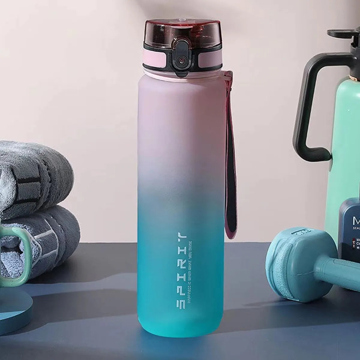 600ml/750ml/1000ml Large Capacity Sports Water Bottle Gradient Color Plastic Cup Drink Items Outdoor Beach Travel Portable Gym
