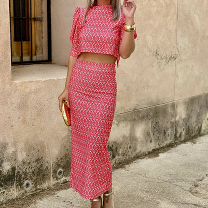 Chic Geometry Print Puff Sleeve Top+Dress Set Temperament O Neck Backless Evening Cloth 2pc Set Summer Fashion Slit Skirt Suits