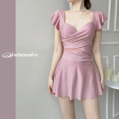 Areathable Women's One-piece Solid Color French Swimsuit Conservative Slimming Steel Support Bra Dress Style Swimsuit Hot Spring