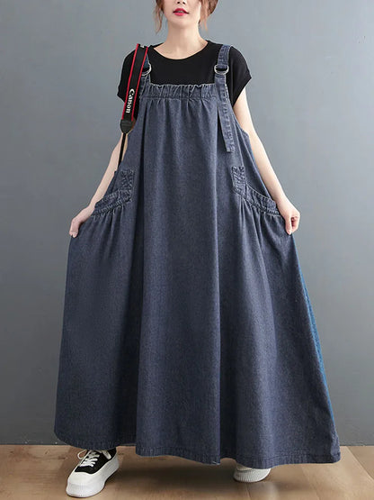359 Spring Summer New Women Denim Suspender Long Skirt Loose Casual Punk Vintage Style Cargo Female Popular Large Swing Dress