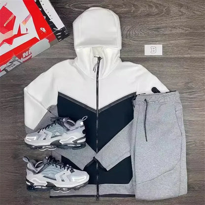 Autumn Men's Hooded Running Sets Patchwork Casual Tracksuits Zipper Jacket+Pants 2Pcs Sets Male Slim Gym Sportswear Jogging Suit