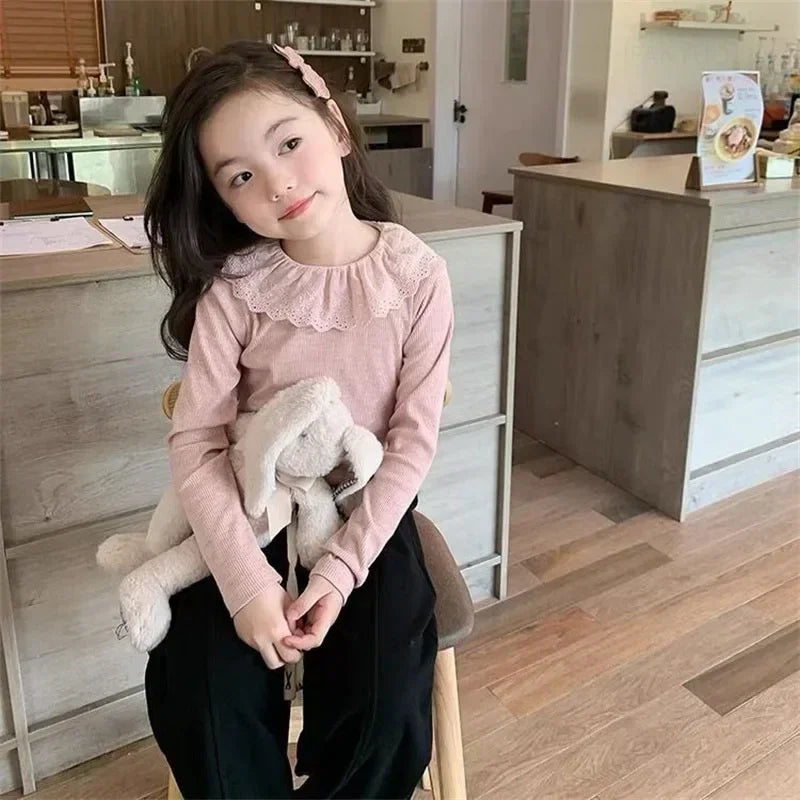 1-7 Years Long Sleeved Shirts Children Spring Knitted Tops Baby Lace 2025 Lace Base Shirt Korean Girls Ruffle Collar T-shirt