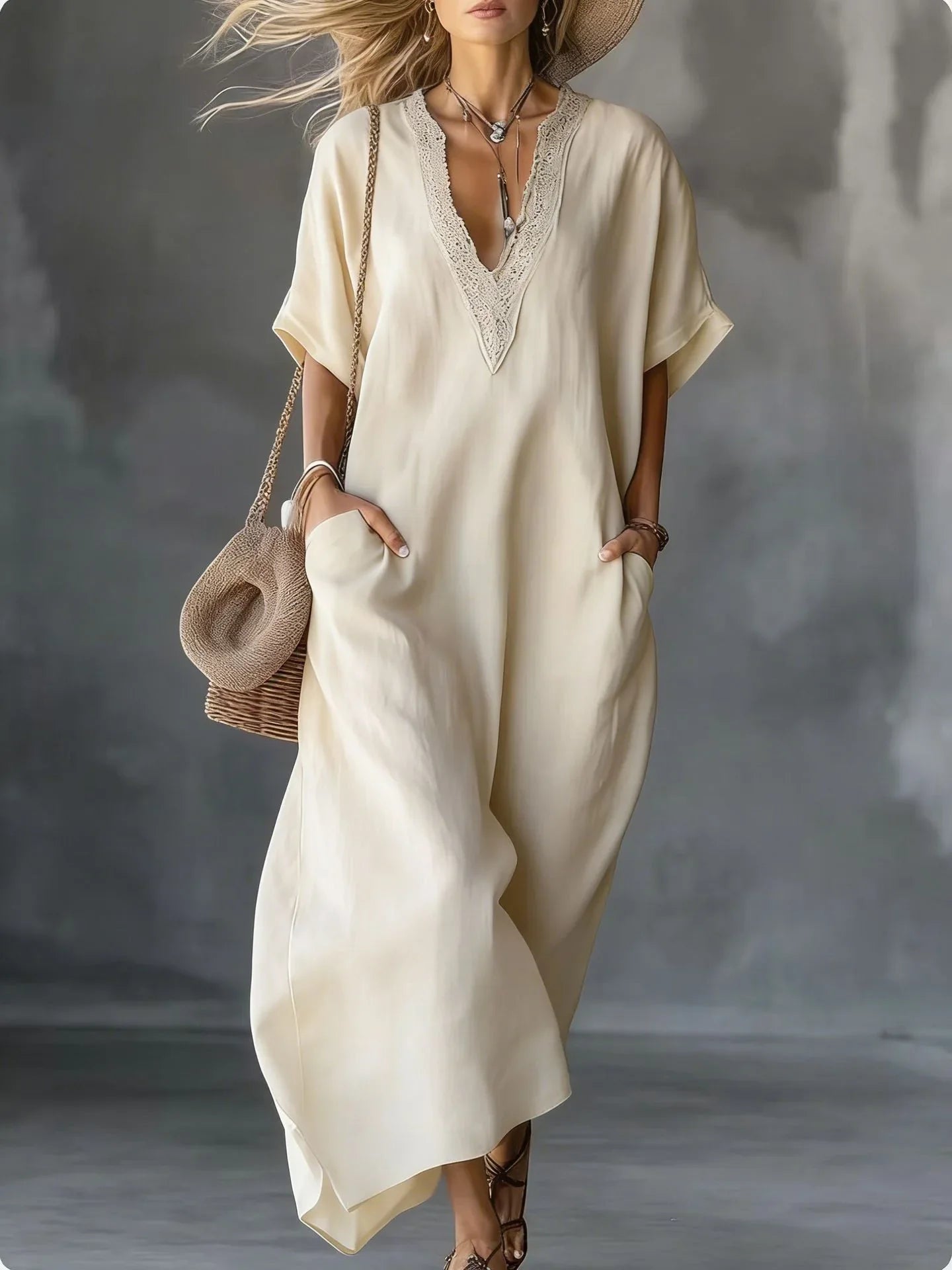 2026 New Summer Women's Dress Solid Color V-neck Bohemian Style Retro Fashionable And Comfortable Elegant Pocket Simple Vestidos