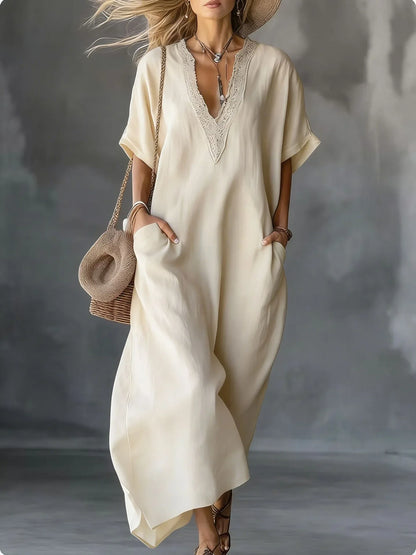 2026 New Summer Women's Dress Solid Color V-neck Bohemian Style Retro Fashionable And Comfortable Elegant Pocket Simple Vestidos