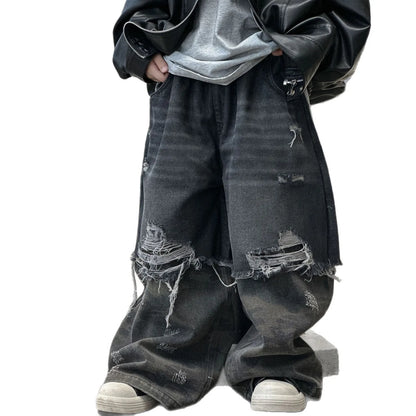 2025 New Boys' Cool Ripped Jeans Wide-leg Trousers American Retro Children's Trousers