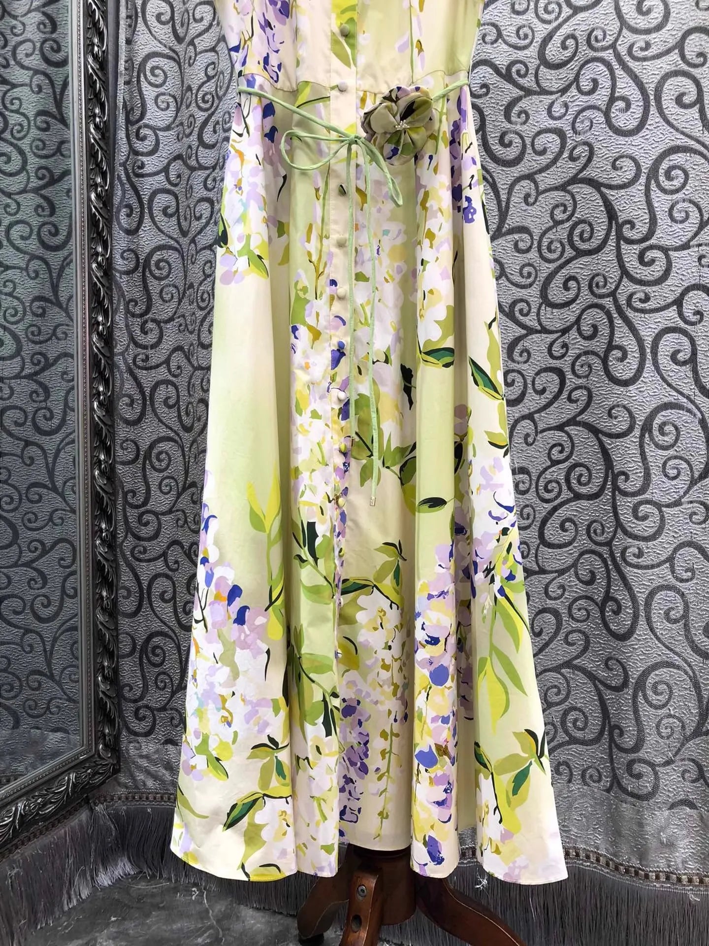 100%Cotton Long Dress 2026 Spring Summer Women Turn-down Collar Sweet Floral Print Belt Deco Short Sleeve Long Maxi Dress Luxury