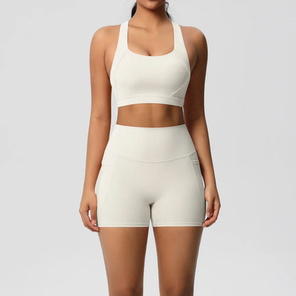 2PCS Sportswear With Pocketed Yoga Set Gym Clothes Yoga Suits For Women Tracksuits Sports Shorts Crossover Bra Gym Leggings