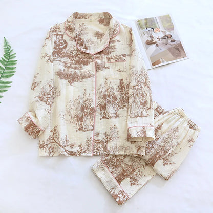 2026 New Spring and Autumn Women's Pajama Set 100% Cotton Crepe Collar Long Sleeve Two Piece Loose Breathable Home Clothes