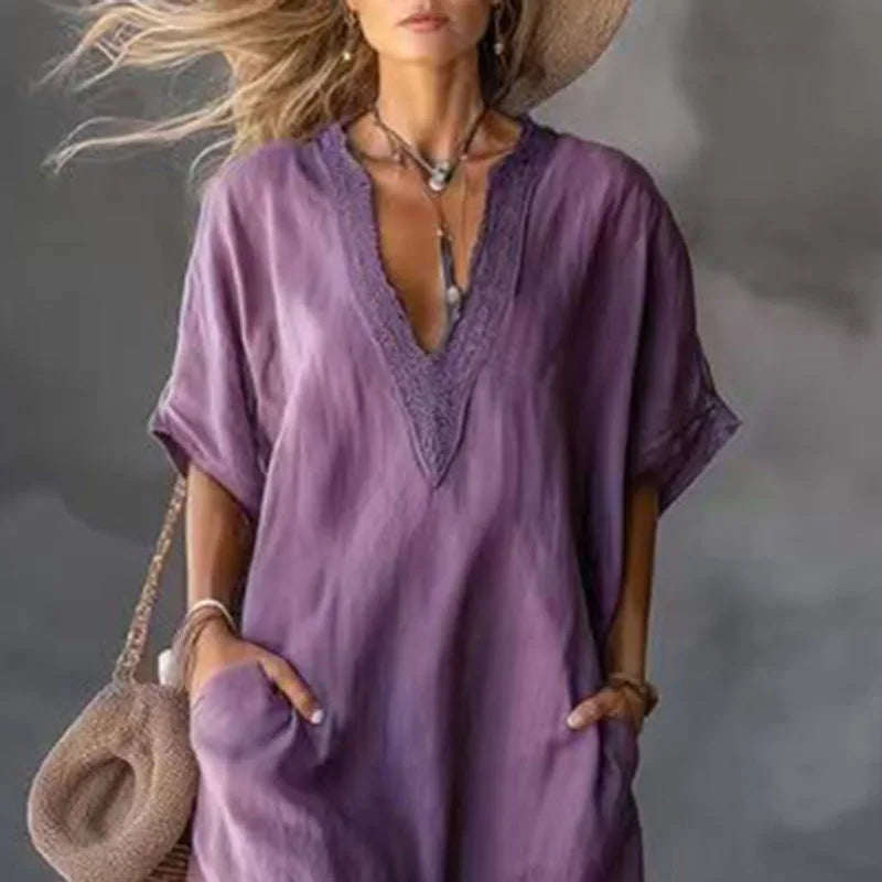Bohemian Retro Solid Kaftan Dress Women V-Neck Lace Trim Loose Maxi Party Dress Summer Short Sleeve Casual Beach Holiday Dresses