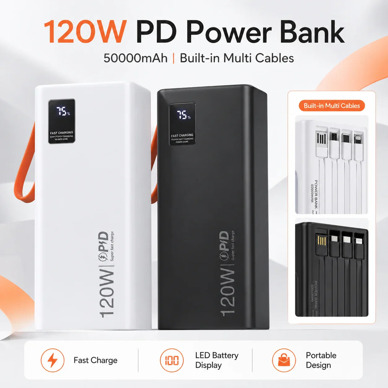 120W PD Power Bank 50000mAh Portable Charger(Built-in Cables), LED Display, Fast Charging Battery for Phone Tablet USB-C Devices